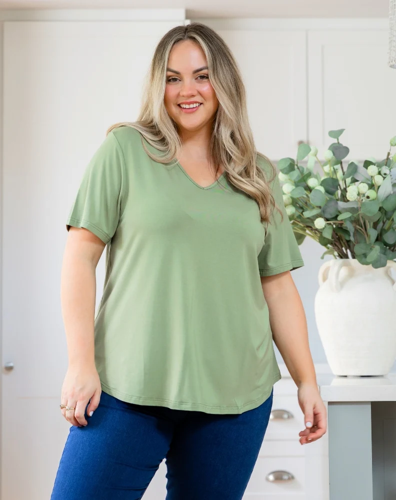 Elena V-Neck Tee - Sage