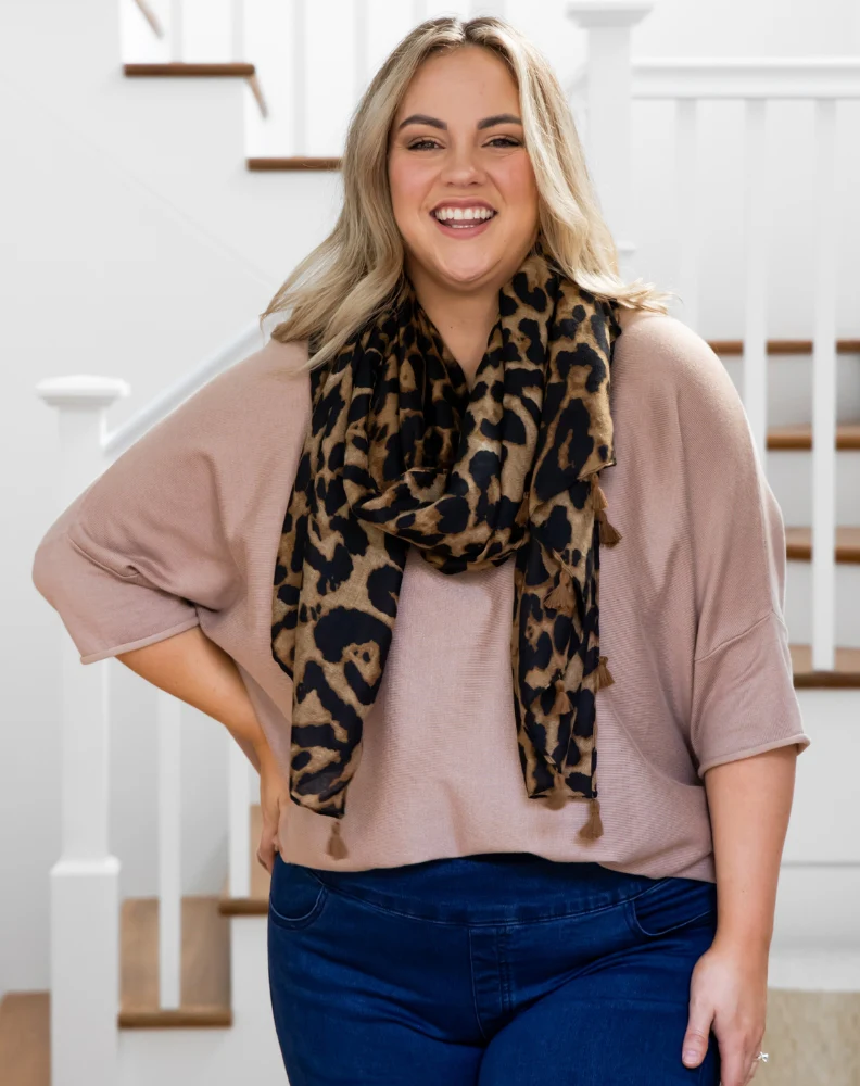 Animal Print Scarf - Brown Tassel - Image 3