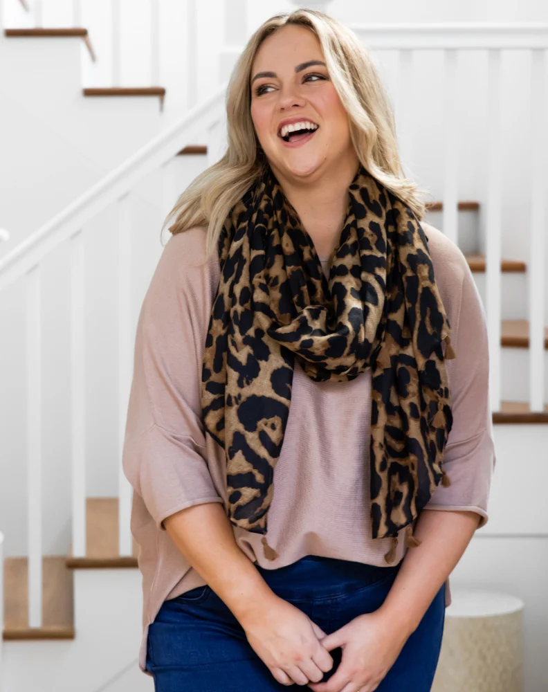 Animal Print Scarf - Brown Tassel - Image 4
