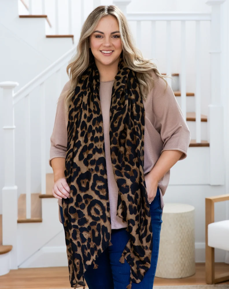 Animal Print Scarf - Brown Tassel - Image 5