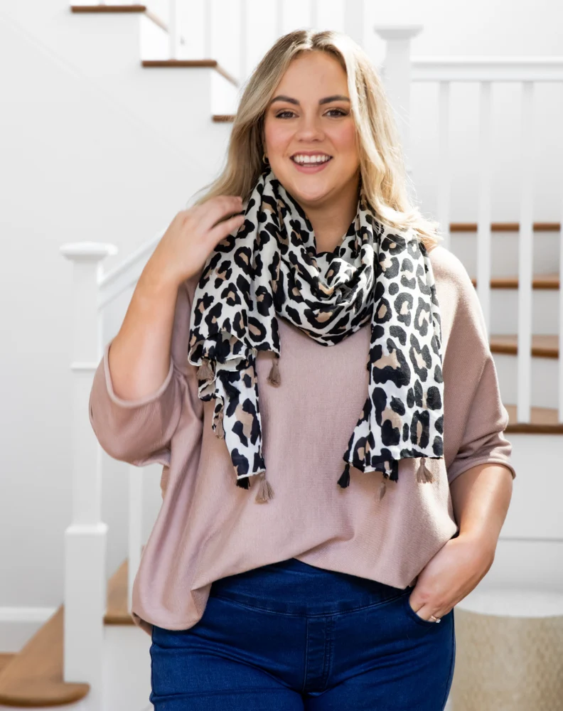 Animal Print Scarf - Tan Tassel - Image 4