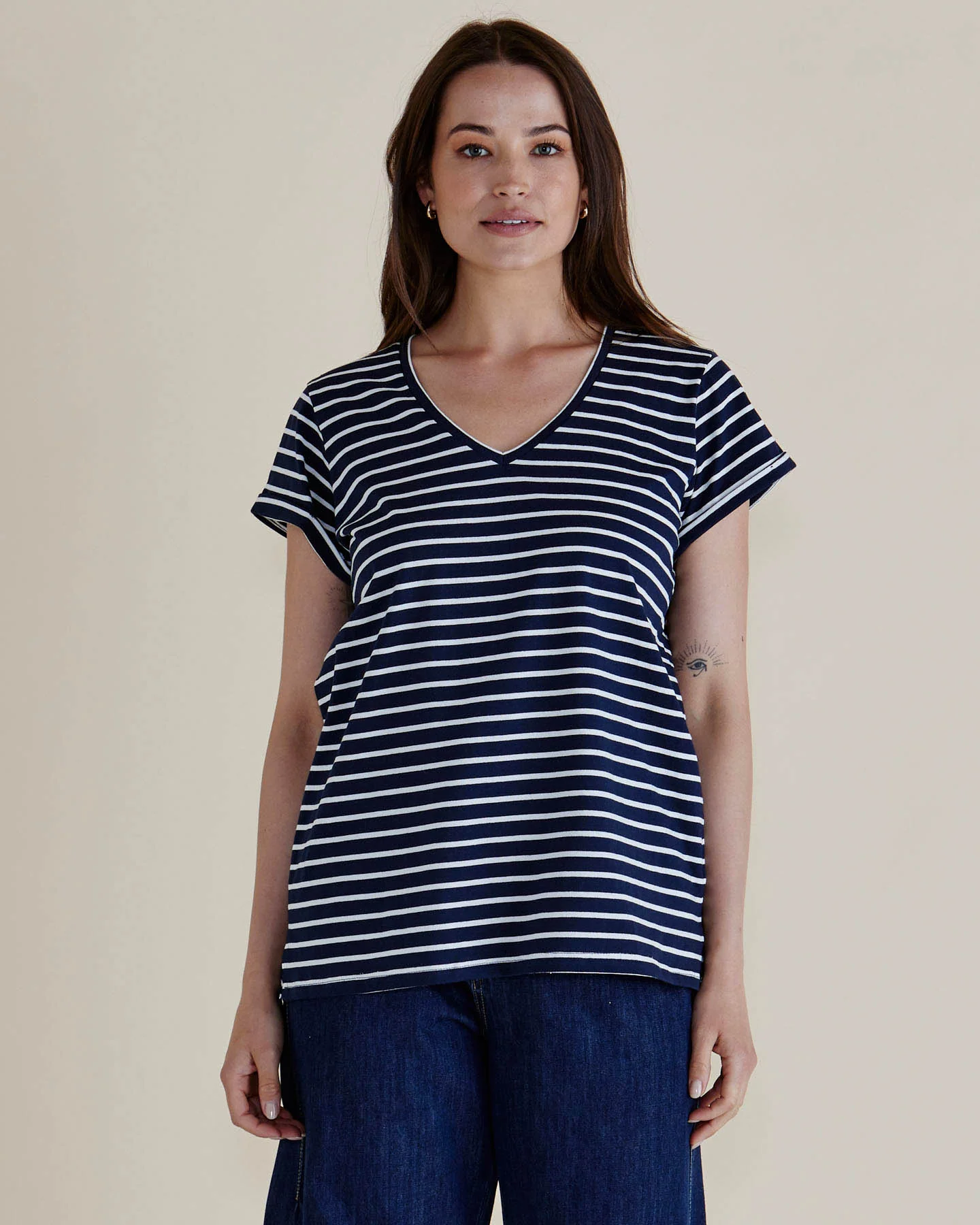 Ayla V-Neck Tee - Navy Blue Stripe Navy
