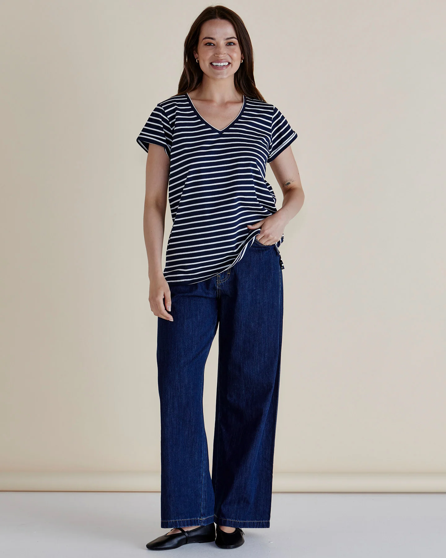 Ayla V-Neck Tee - Navy Blue Stripe Navy - Image 2