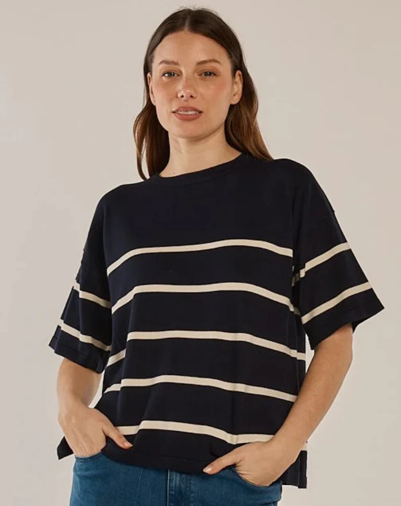 Bailey Boxy Top - Navy/Cream - Image 2