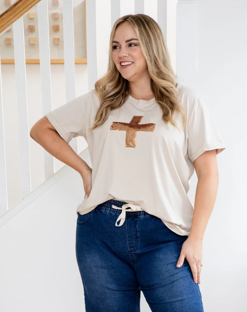 Cross Sequin Tee - Beige - Image 3