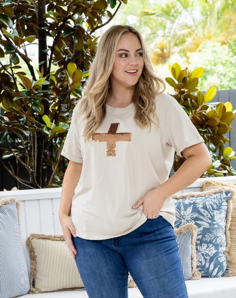 Cross Sequin Tee - Beige - Image 6