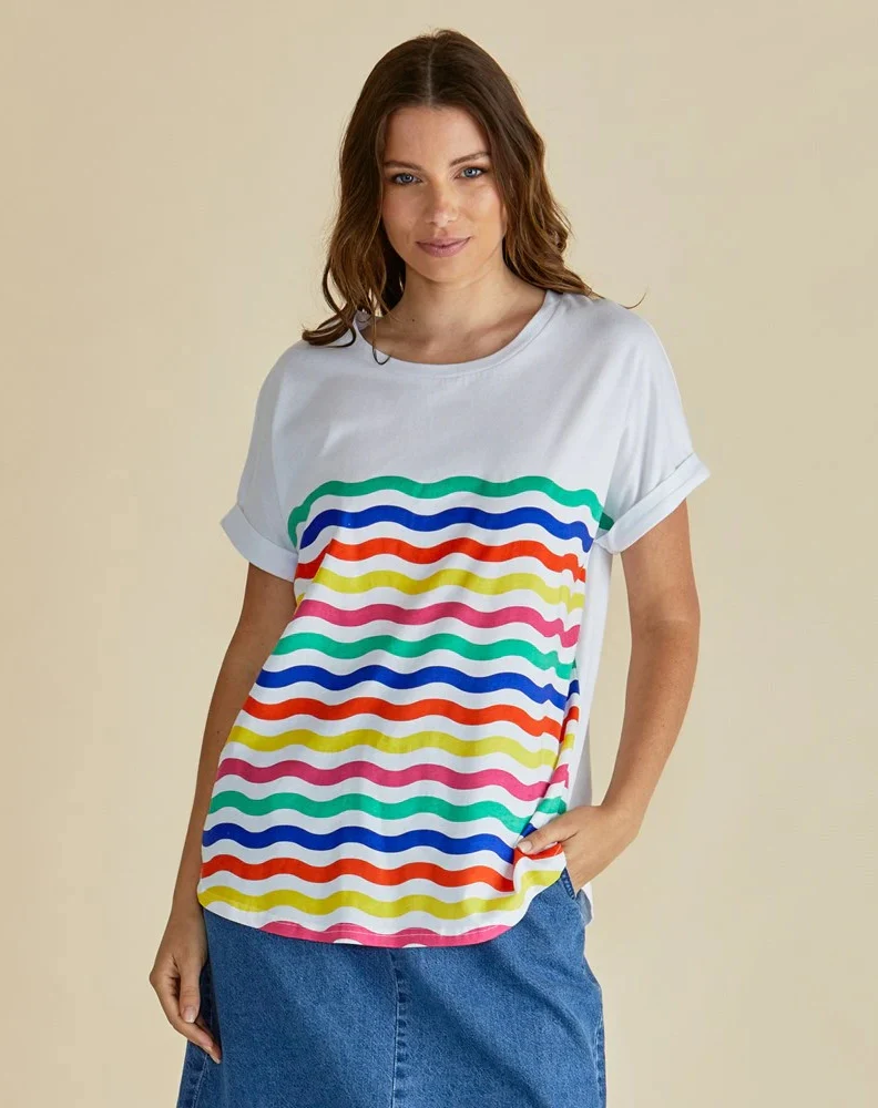 Hailey Short Sleeve Tee - Rainbow Wavy Stripe Multi