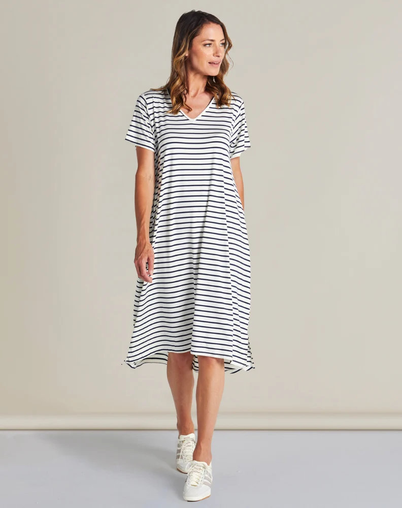 Irena Bamboo Dress - White/Navy Stripe