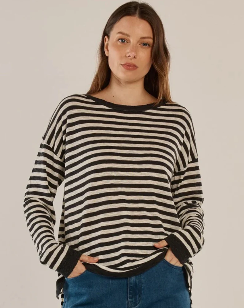 Natasha Knit Top - Black/Off White Stripe Navy