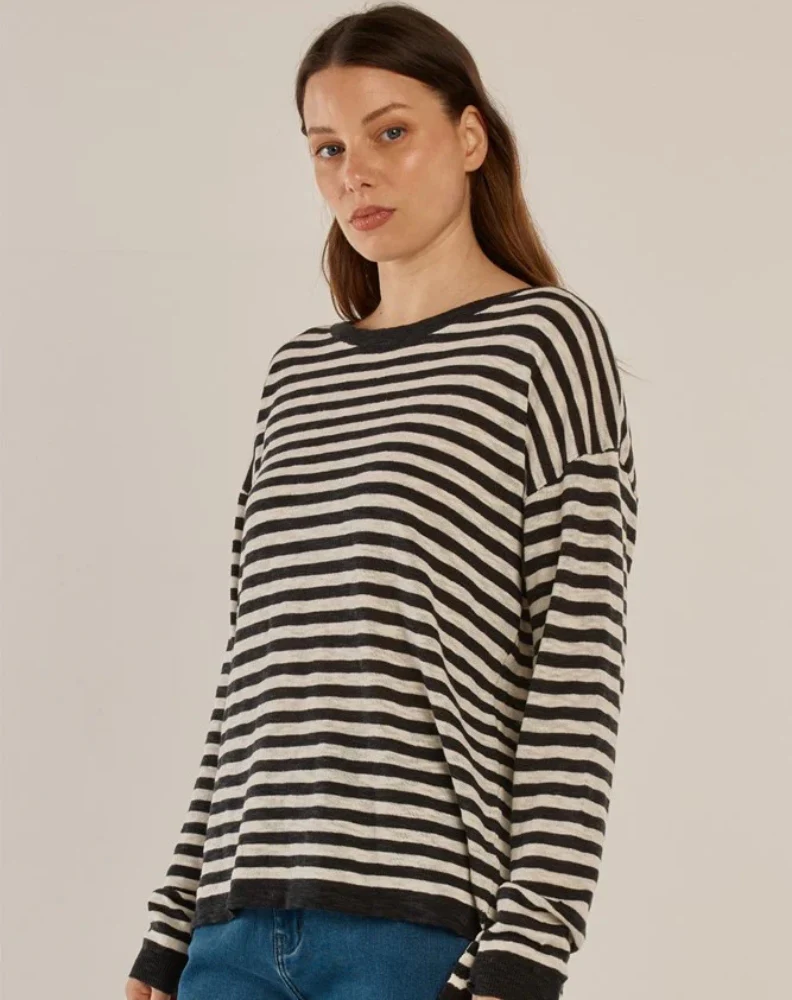 Natasha Knit Top - Black/Off White Stripe Navy - Image 2