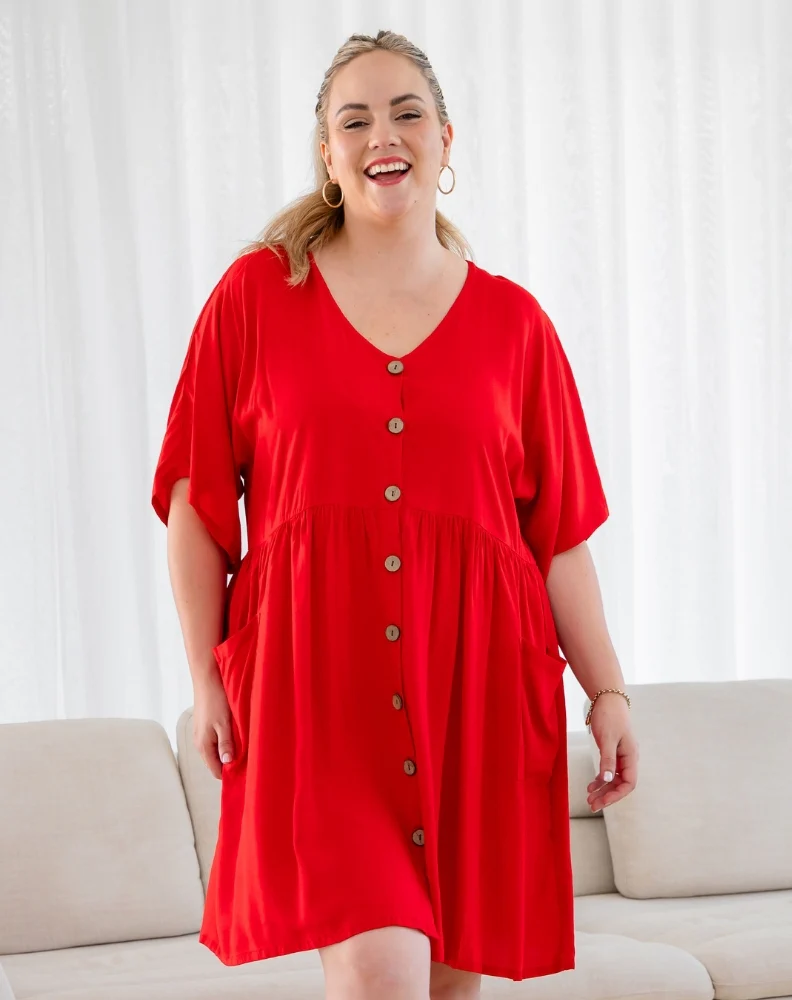 Pocket BabyDoll Dress - Red - Image 4