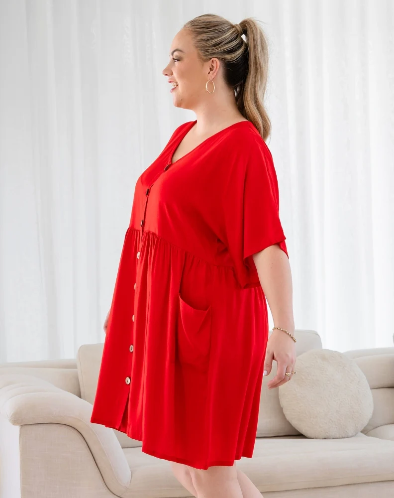 Pocket BabyDoll Dress - Red - Image 6