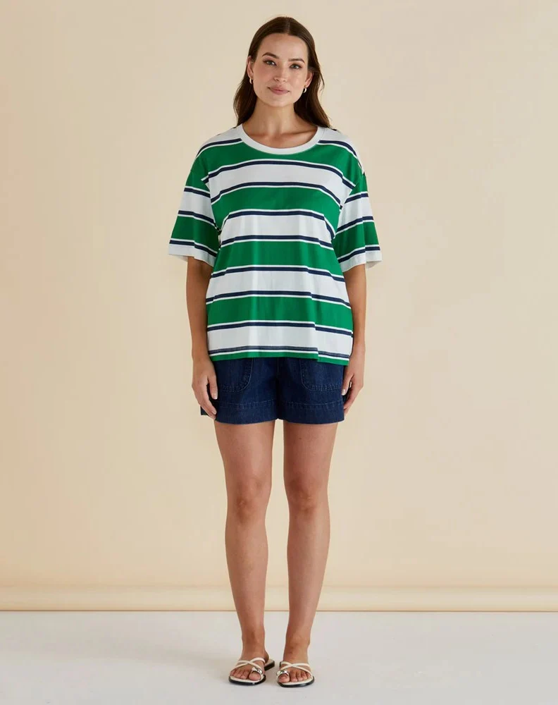 Relax Boxy Tee - Navy/Green Stripe