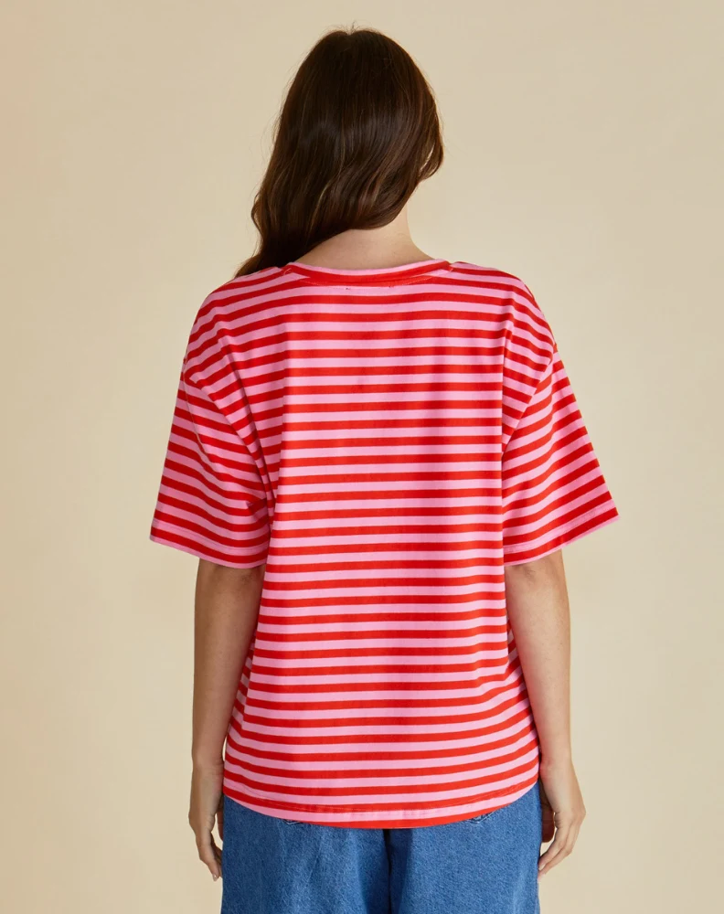 Relax Boxy Tee - Pink/Red Stripe Pink - Image 4