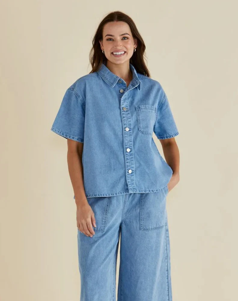 Saffra Short Sleeve Denim Shirt - Blue Denim