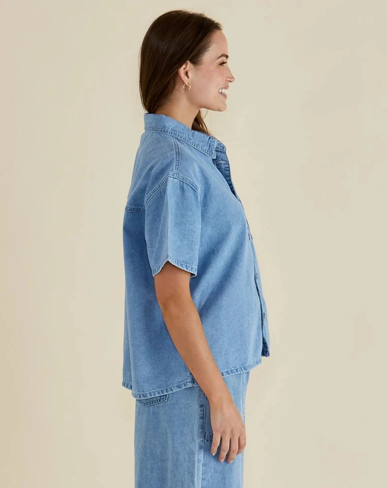 Saffra Short Sleeve Denim Shirt - Blue Denim - Image 3