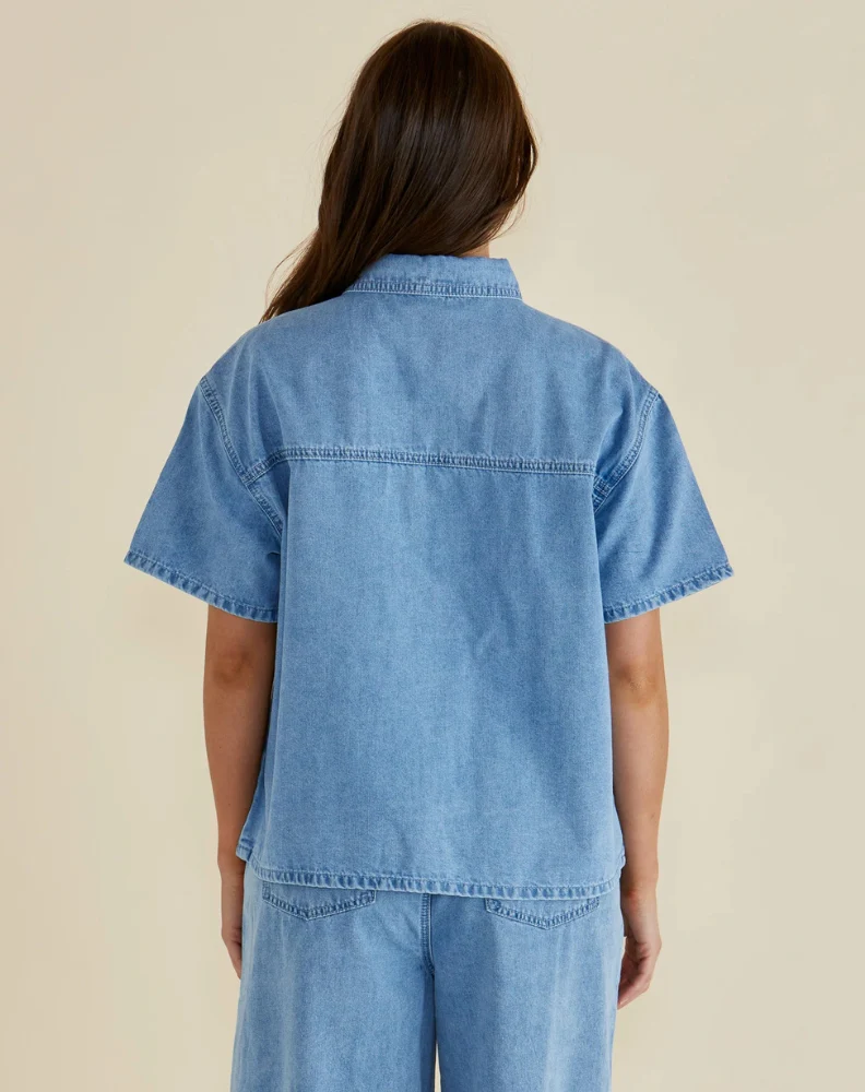 Saffra Short Sleeve Denim Shirt - Blue Denim - Image 5