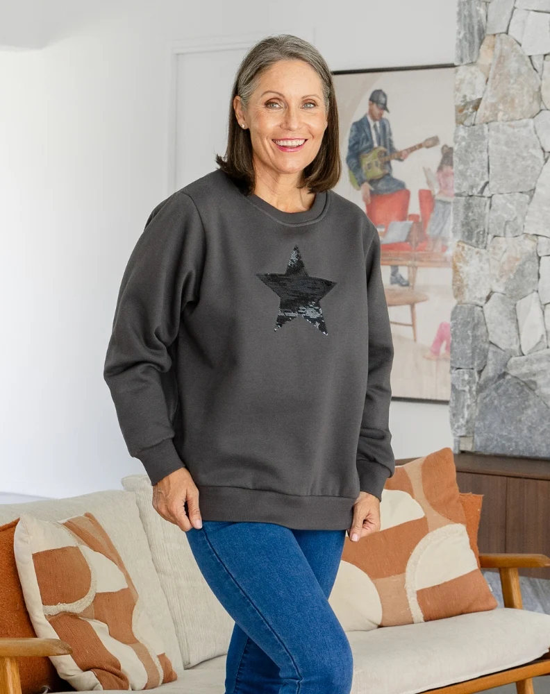 Star Sequin Sweat - Charcoal - Image 5