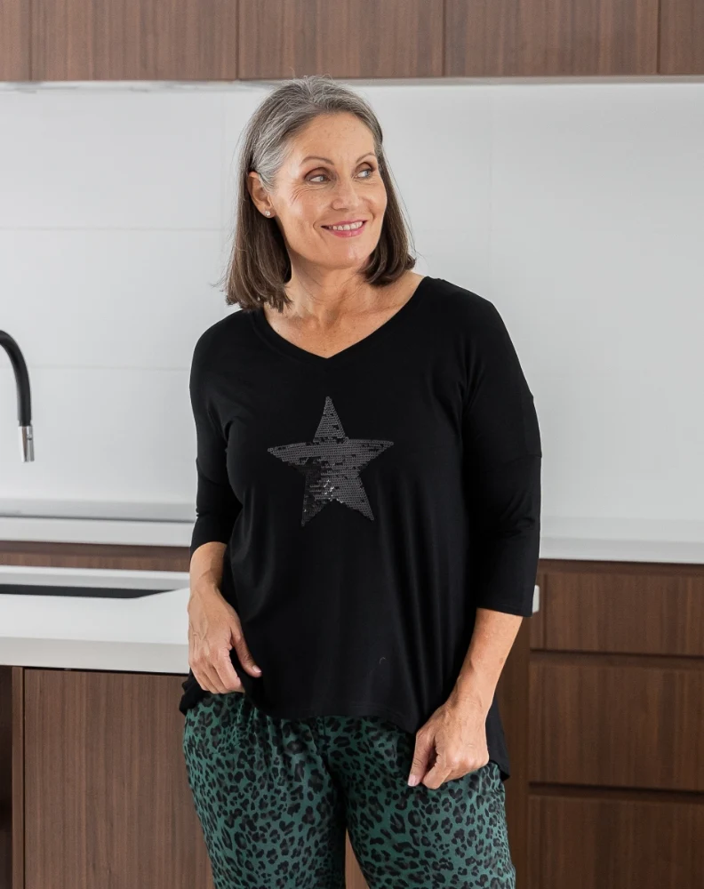 V Neck Sequin 3/4 Sleeve Tee - Black