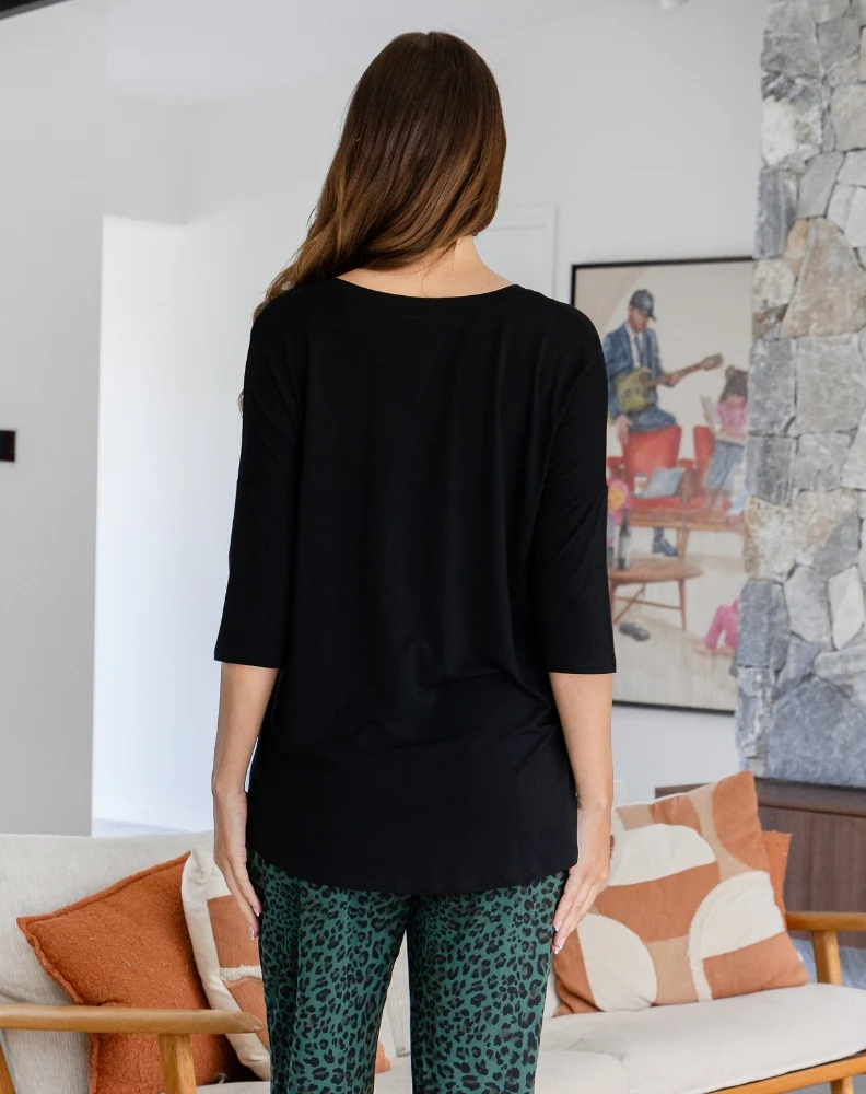 V Neck Sequin 3/4 Sleeve Tee - Black - Image 7