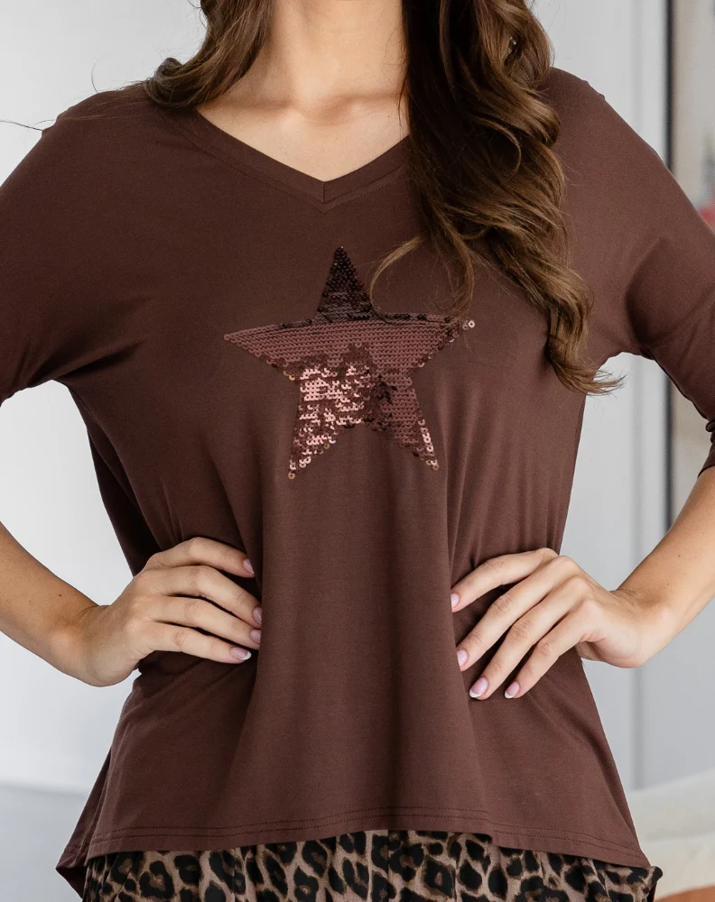V Neck Sequin 3/4 Sleeve Tee - Chocolate - Image 4