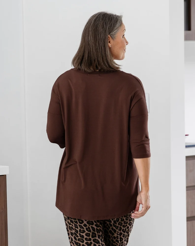 V Neck Sequin 3/4 Sleeve Tee - Chocolate - Image 7