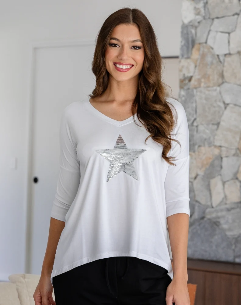 V Neck Sequin 3/4 Sleeve Tee - White - Image 2