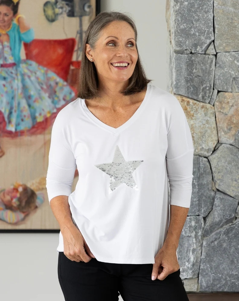 V Neck Sequin 3/4 Sleeve Tee - White - Image 3