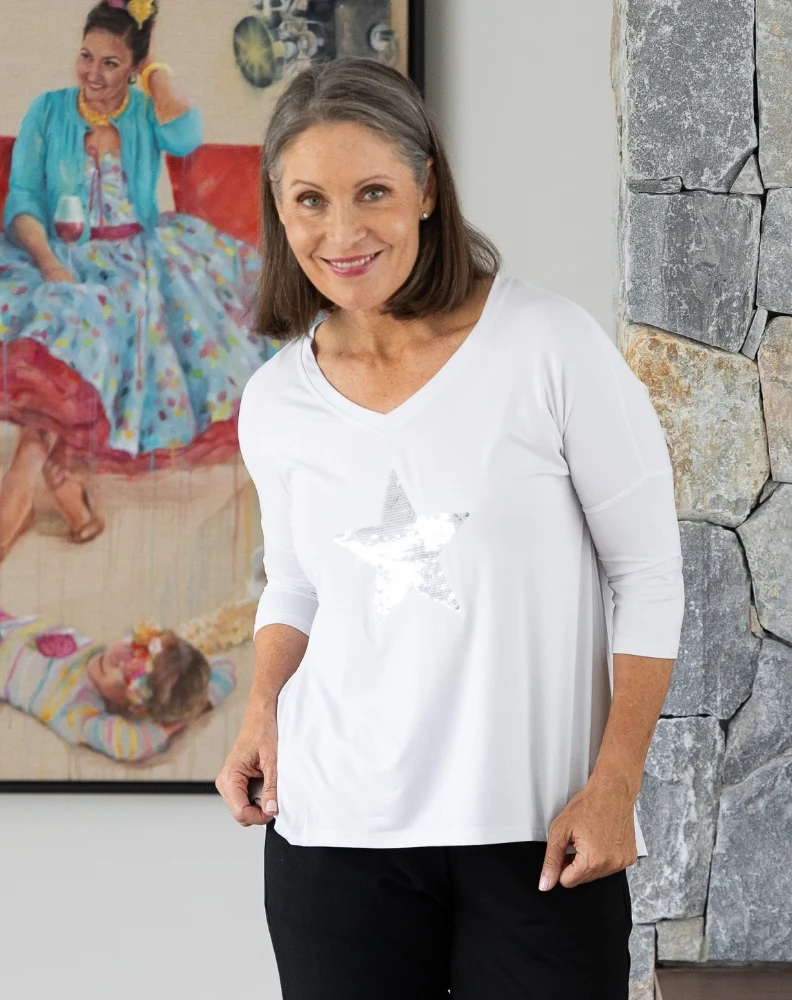 V Neck Sequin 3/4 Sleeve Tee - White - Image 6