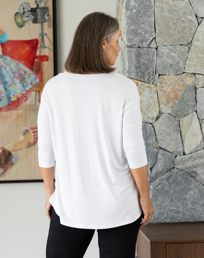 V Neck Sequin 3/4 Sleeve Tee - White - Image 8
