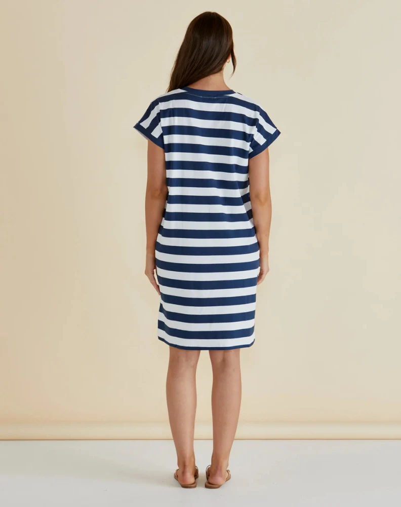 Zena T-Shirt Dress - Navy Bold Stripe - Image 3