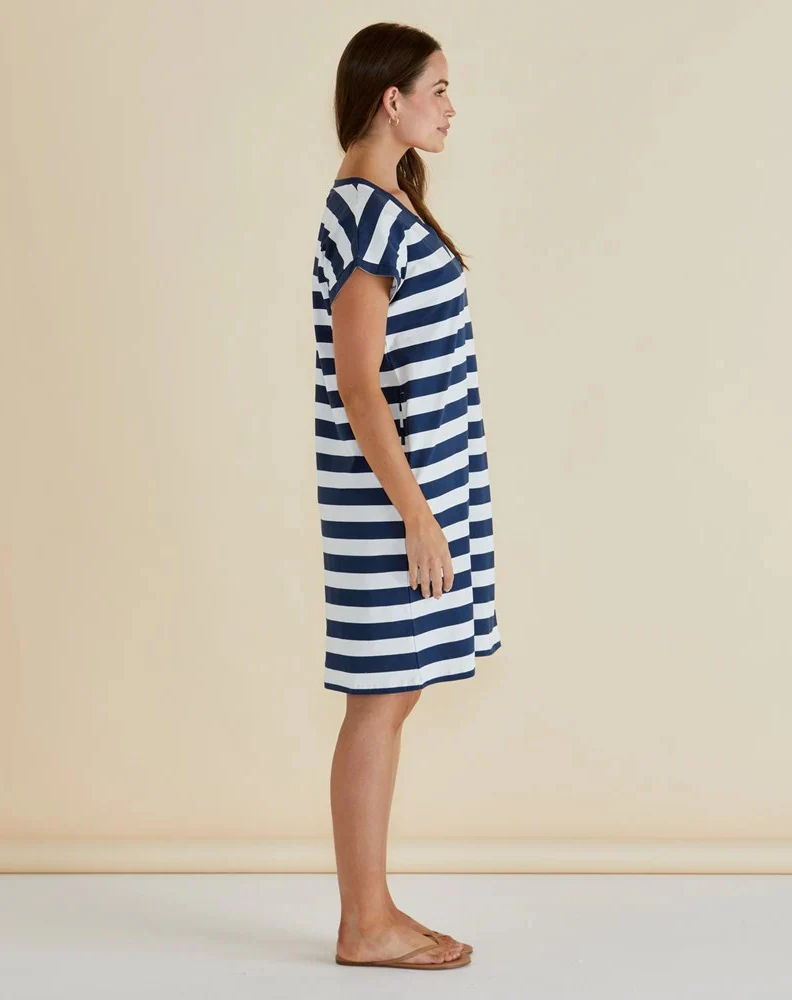 Zena T-Shirt Dress - Navy Bold Stripe - Image 4